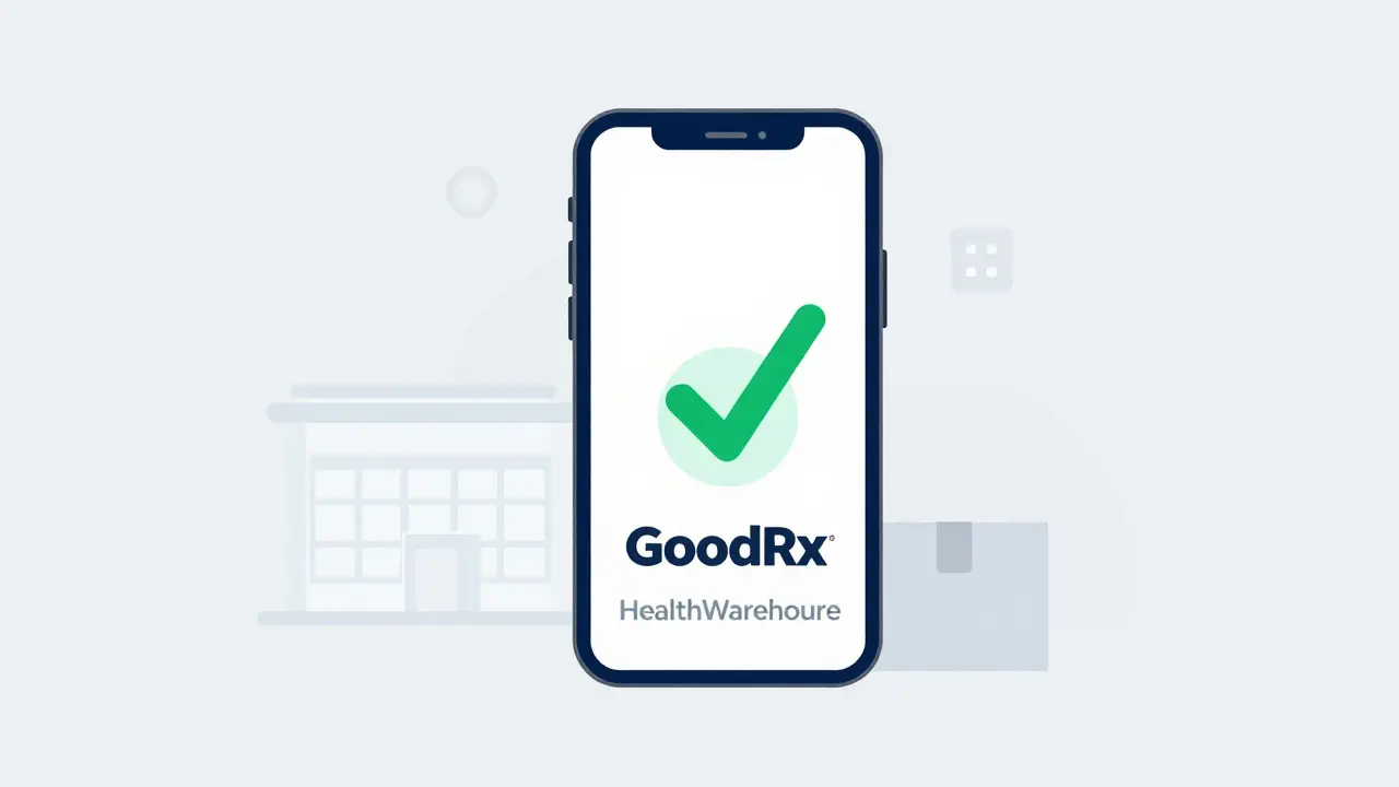 Smartphone showing price discounts for online medication purchase