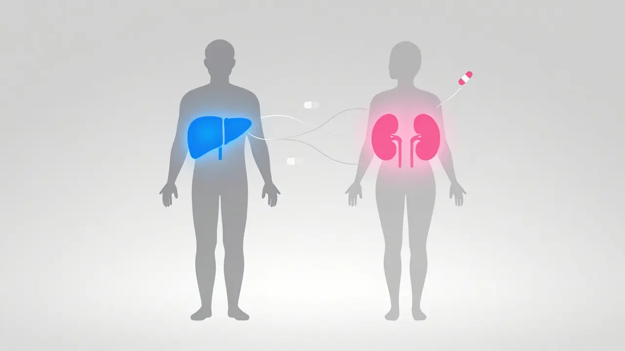 Abstract figures with highlighted organs showing sex-based drug metabolism differences
