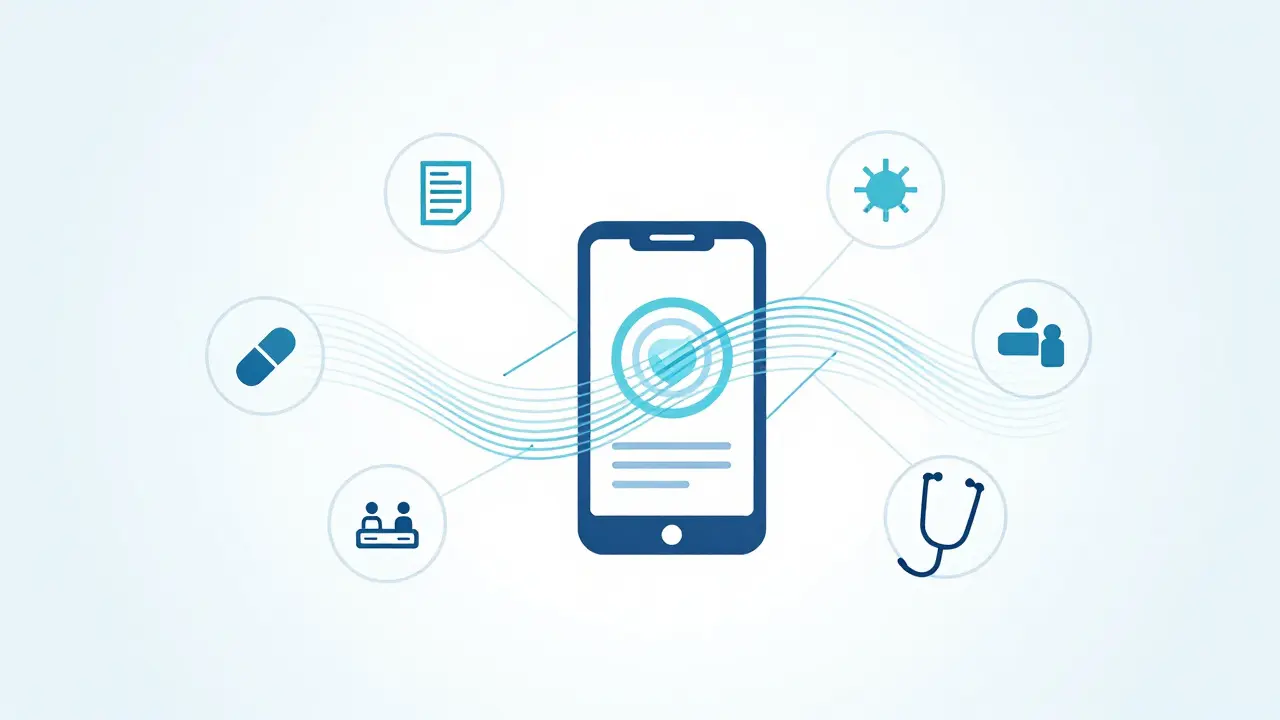 Abstract minimalist art of digital data streams connecting medical symbols for real-time monitoring.
