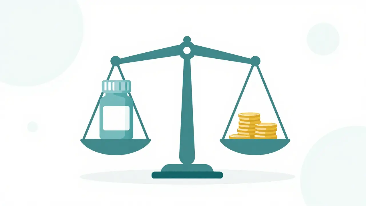 Balance scale weighing medicine bottle against coins