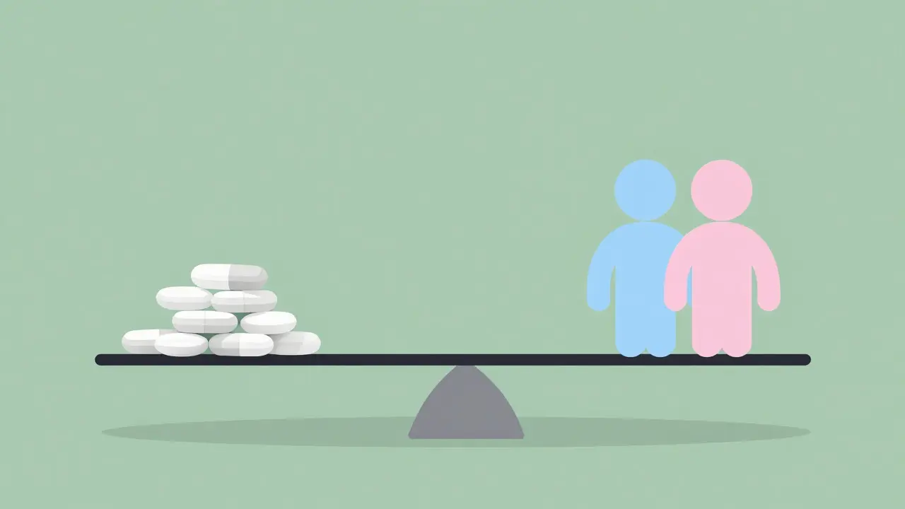 Balance scale with pills and diverse figures representing fair drug study standards
