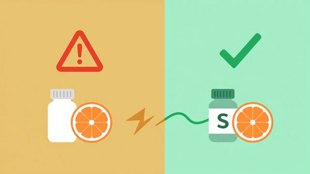 Graphic comparing dangerous vs safe drug interactions with fruit