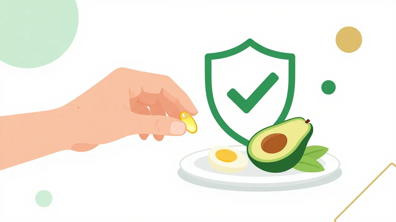 Hand holding vitamin pill near food and safety shield icon