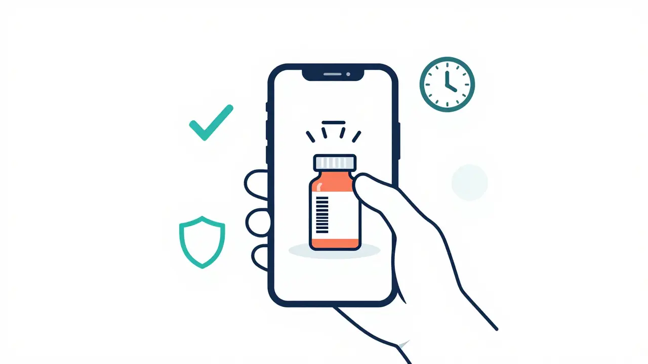 Hand scanning medicine bottle barcode with smartphone for setup