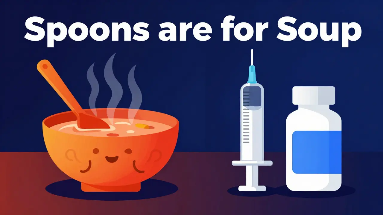Illustration separating soup spoons from medical syringes for safety.