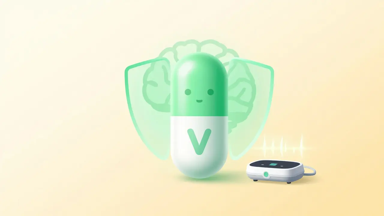 Minimalist art of targeted therapy pills and wearable devices protecting a brain