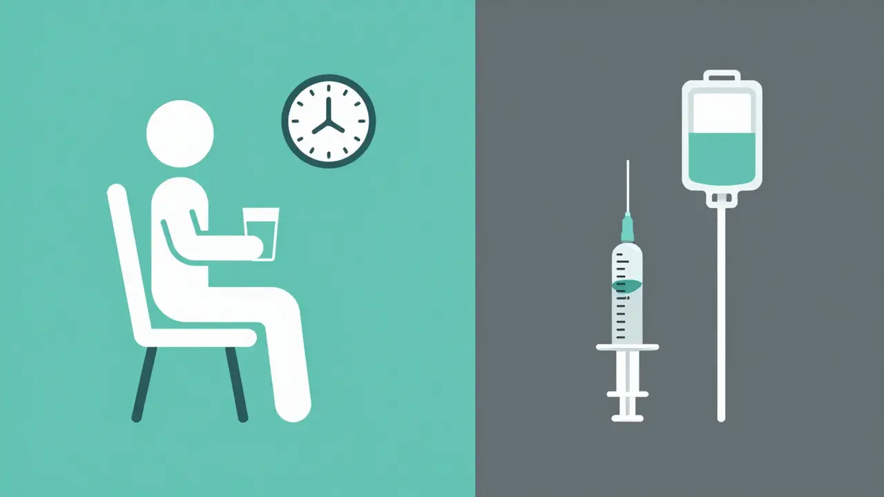 Minimalist graphic comparing oral medication rules versus injection alternatives.