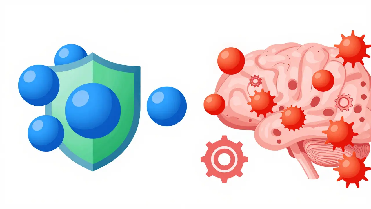 Molecules crossing a brain barrier, showing safe vs risky drug types