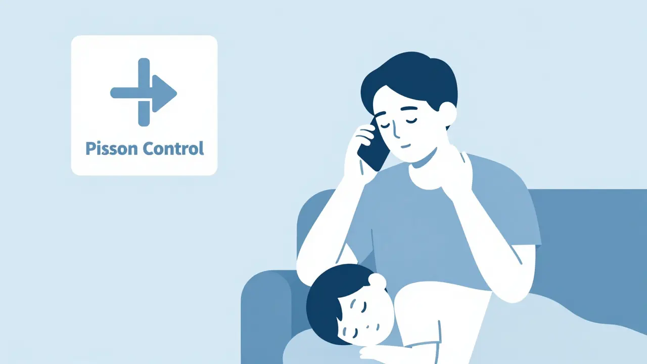 Parent calling poison control with emergency number visible