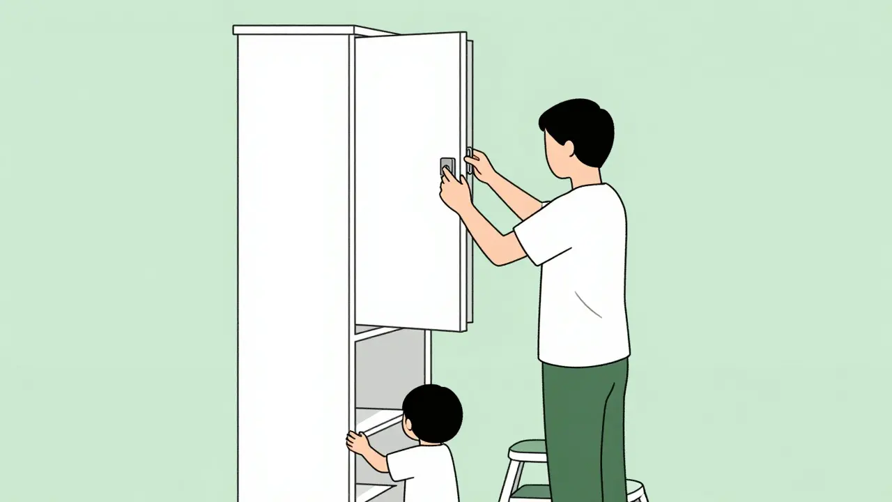 Parent locking a high cabinet to secure medication from children