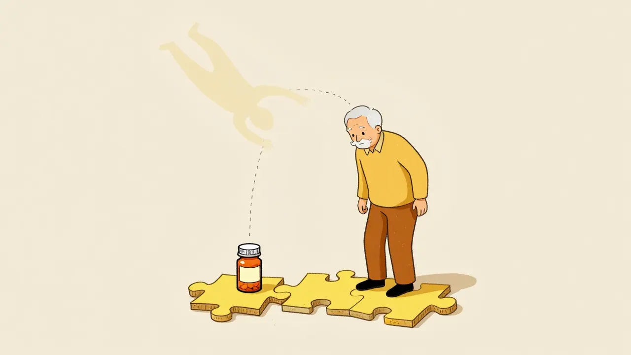 Person standing on uneven ground near pills, symbolizing fall risk