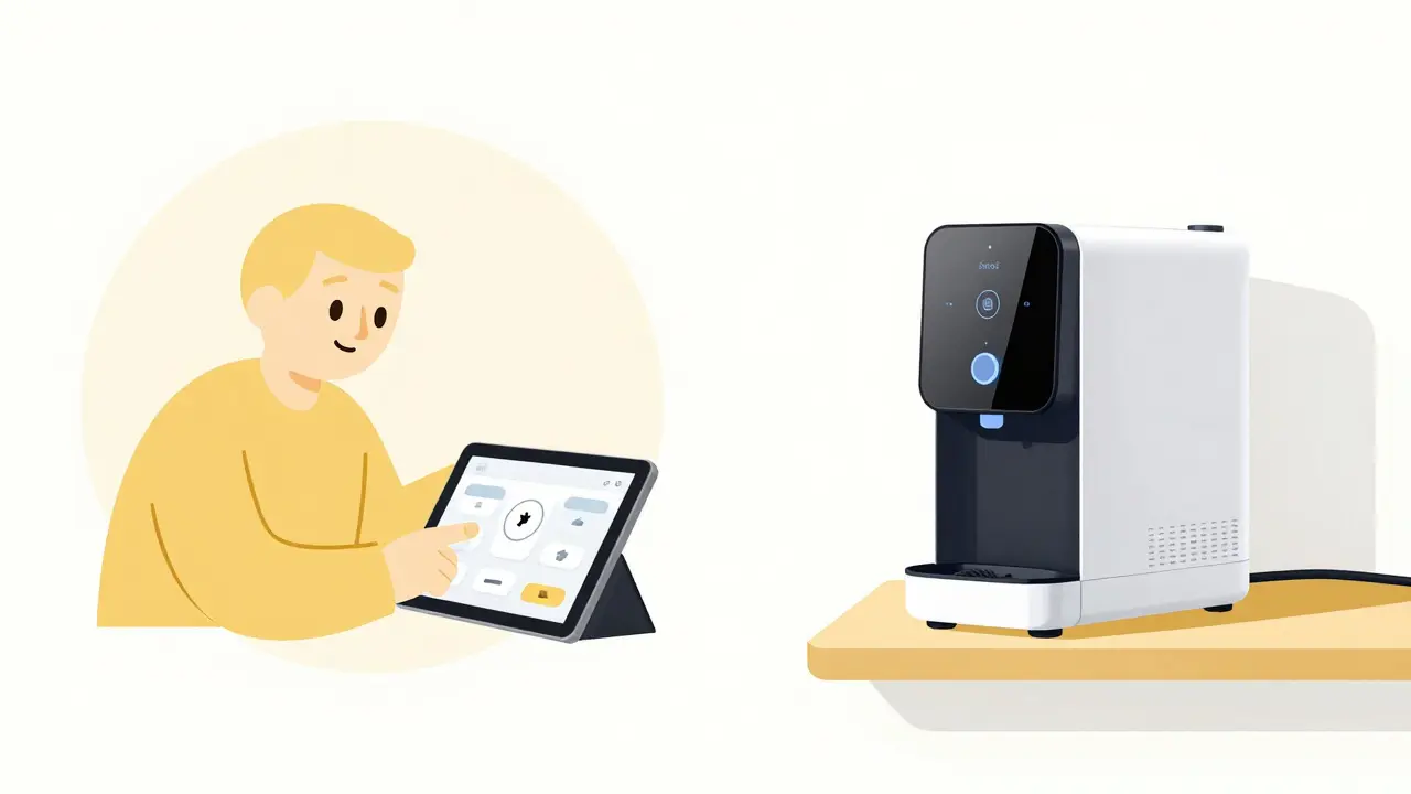 Split view of easy app interface and smart pill dispenser