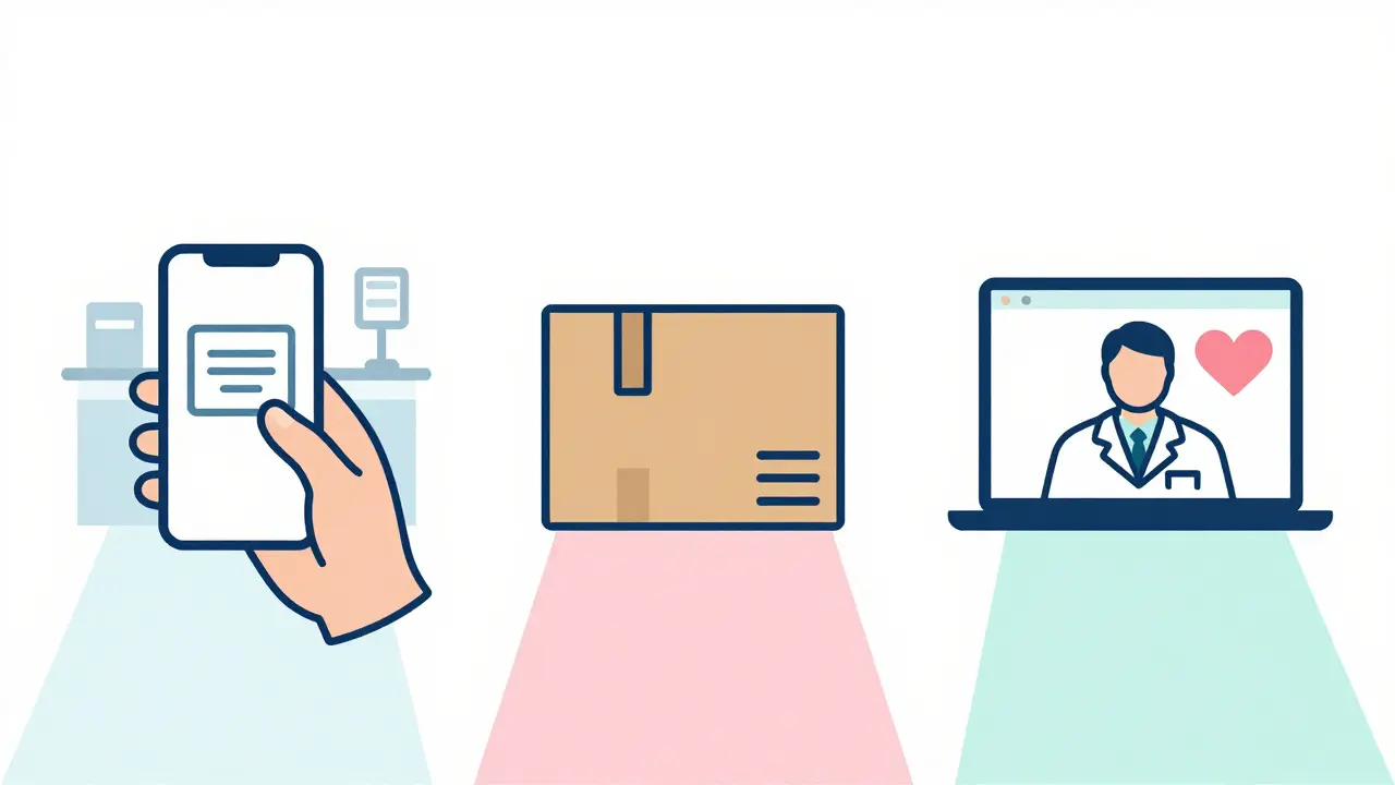 Three minimalist icons representing coupons, mail-order boxes, and telehealth consultations.