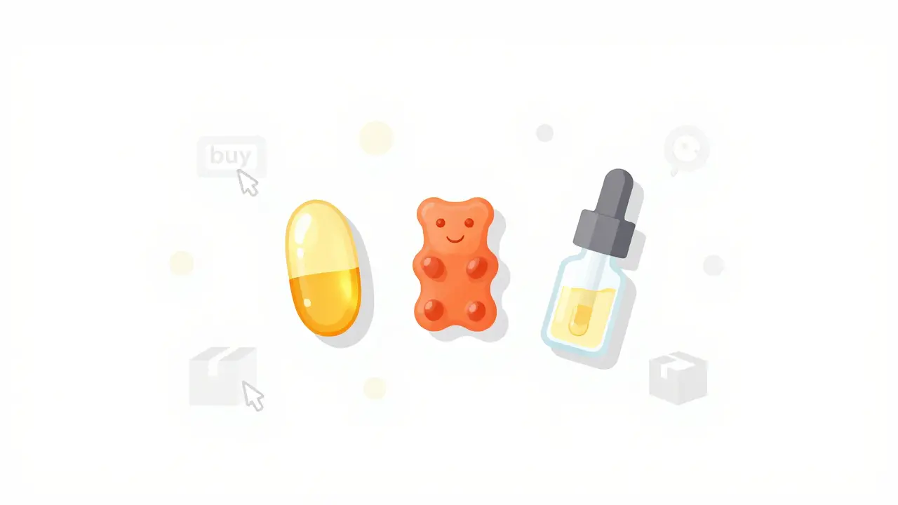 Top view of vitamin D softgels, gummies, and drops on desk