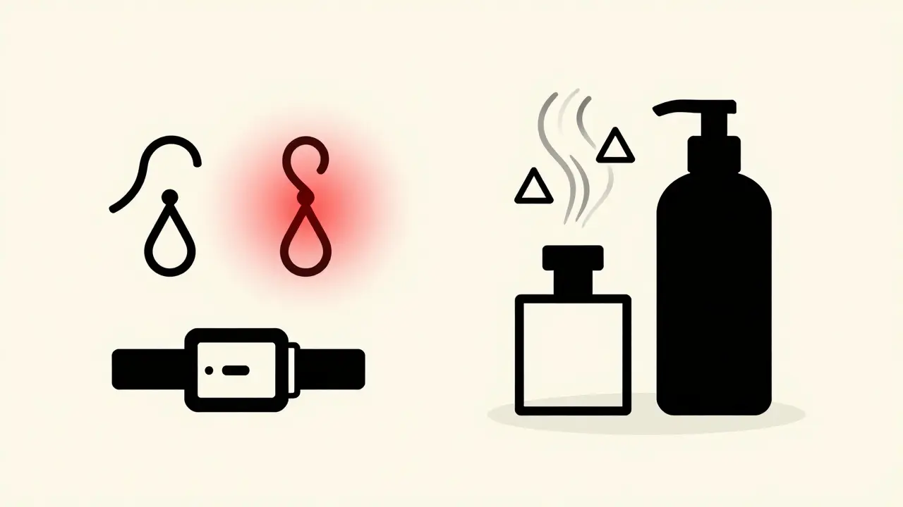 Vector art depicting nickel and fragrance allergens in everyday items