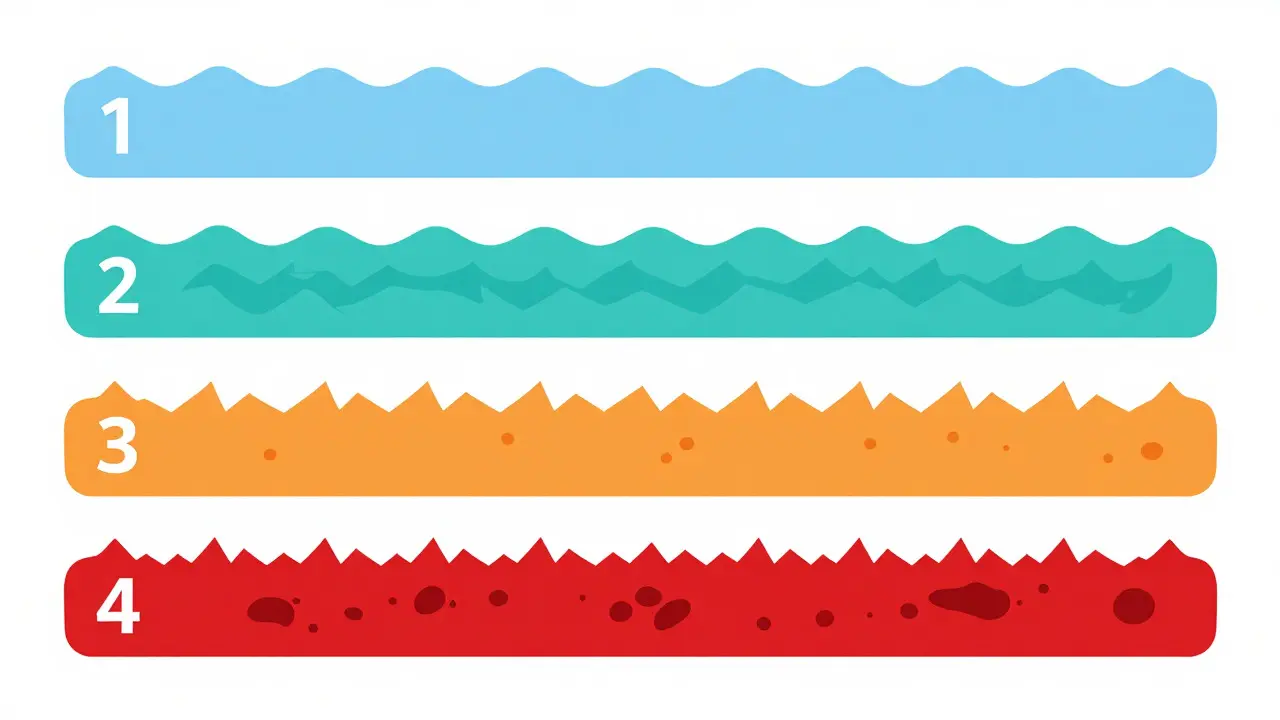 Visual chart showing four levels of brain tumor aggression using color and pattern
