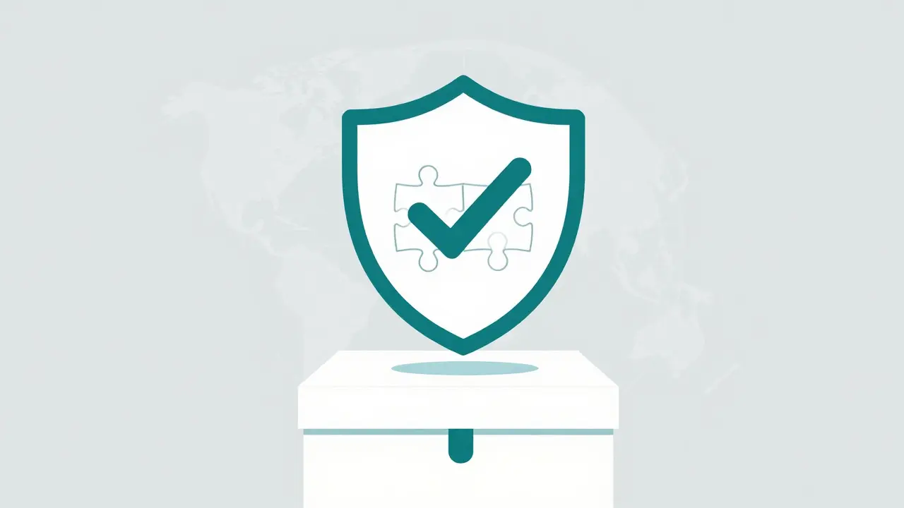 Abstract illustration of a protective shield over a package box symbolizing safe online pharmacy delivery