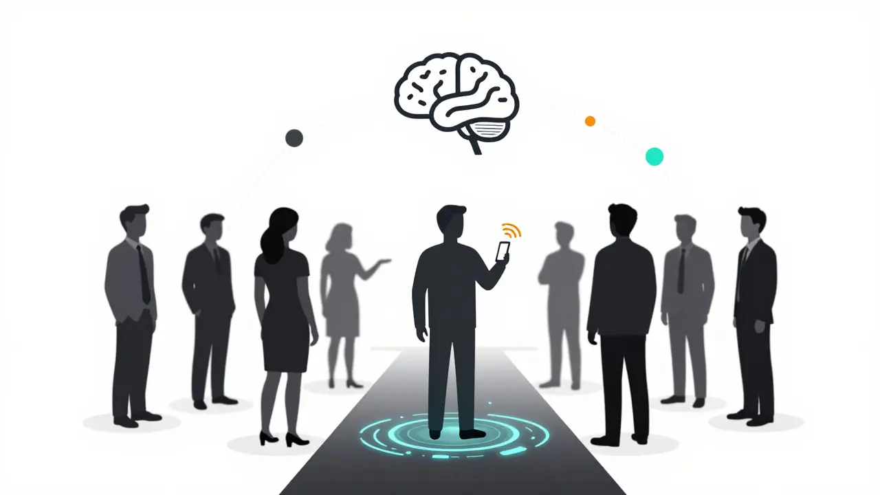 Abstract illustration showing diverse patients, AI technology, and connectivity gaps in telehealth.