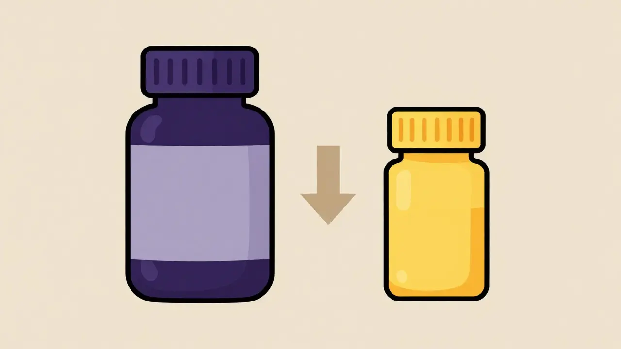 Cartoon style comparison of a dark expensive pill bottle and a light affordable generic bottle