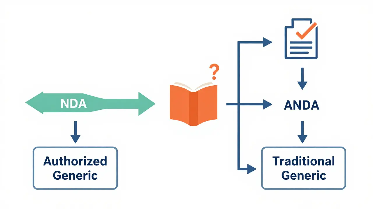 Conceptual diagram comparing NDA and ANDA approval pathways for generic drugs.
