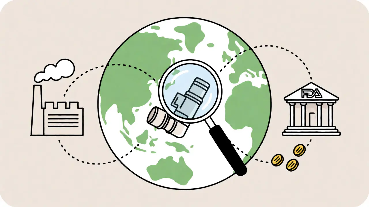 Conceptual illustration of global generic drug supply chains funded by fees and inspected by the FDA.