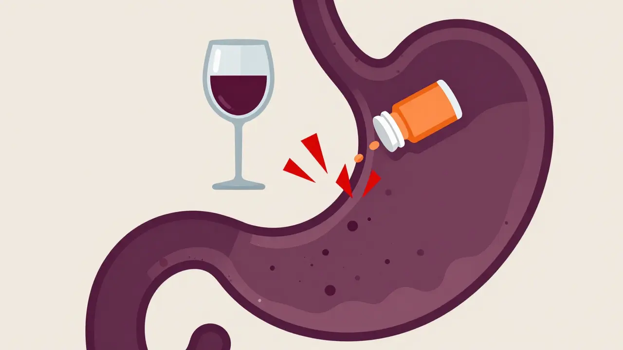 Diagram showing stomach irritation caused by mixing alcohol and painkillers