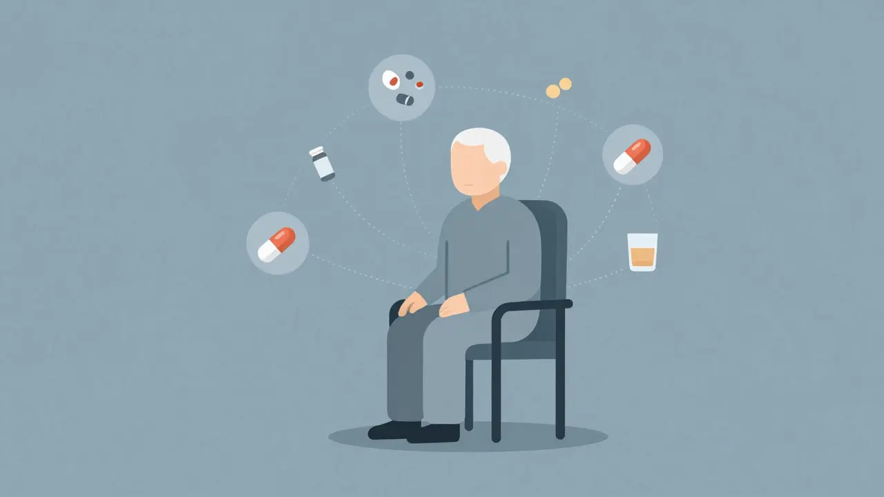Elderly person surrounded by a web of medication and alcohol icons