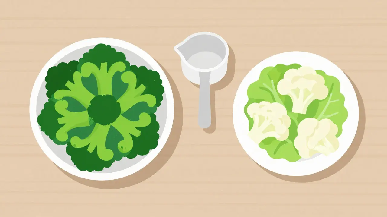 Flat design illustration of a table with high and low vitamin K vegetables and a measuring cup