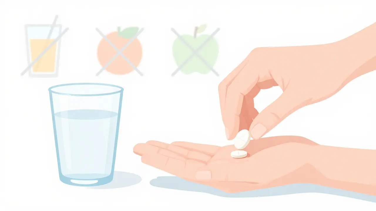 Hand taking allergy pill with juice icons crossed out