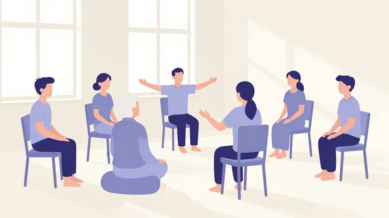 Illustration of people doing seated yoga and tai chi adaptations