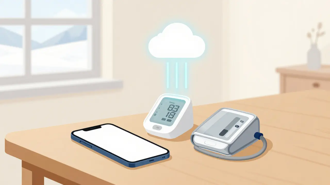 Minimalist drawing of remote monitoring devices sending data from a rural home to the cloud.