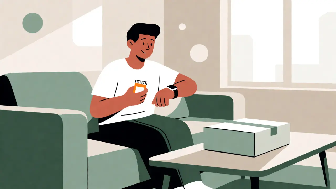 Person relaxing at home with delivered medication and smartwatch