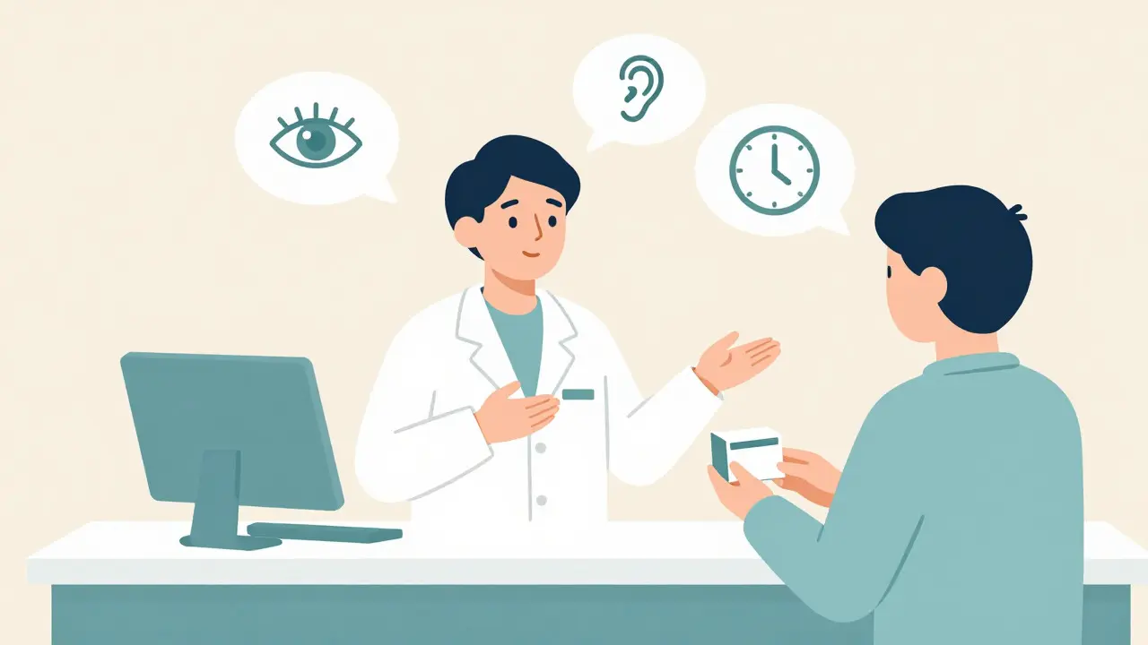Pharmacist explaining medication instructions to a patient