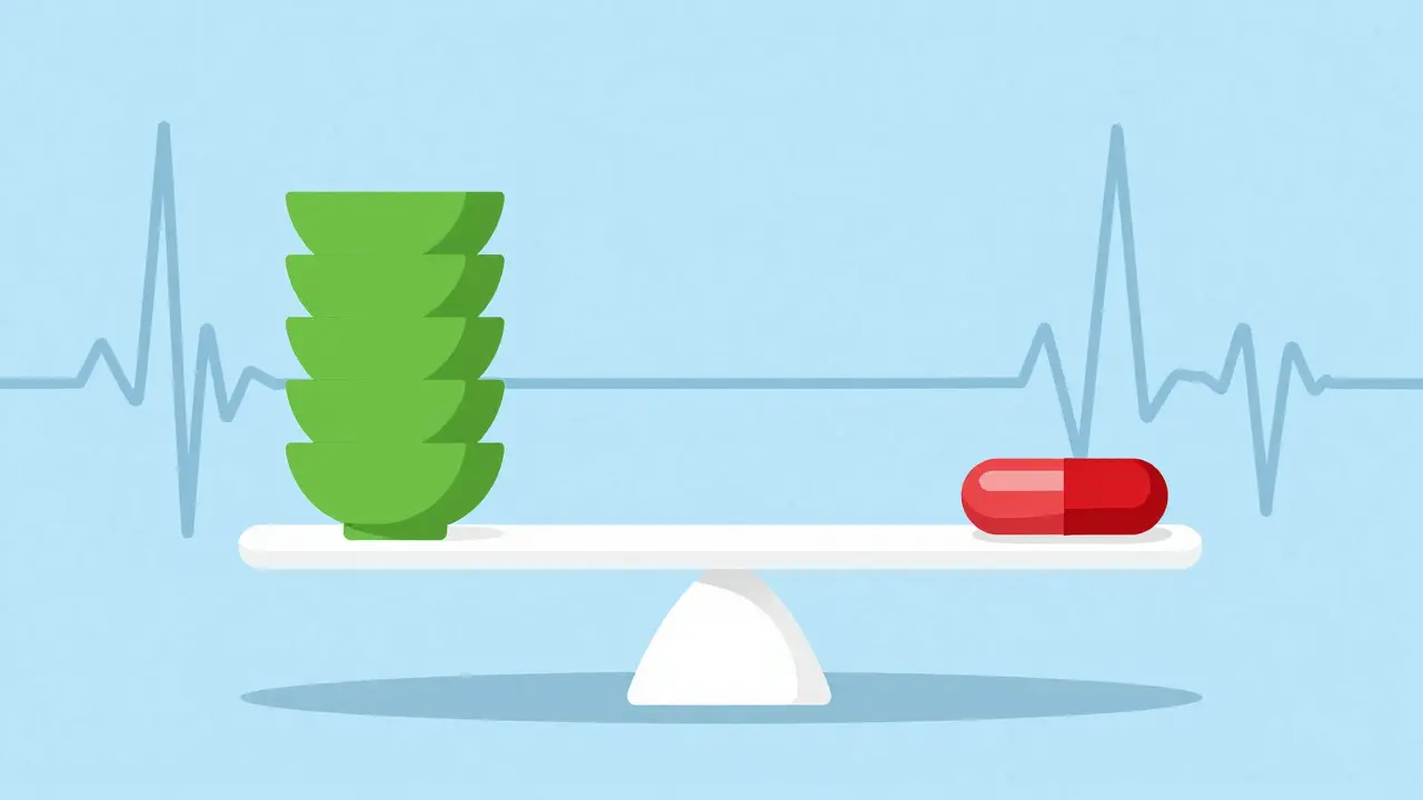 Simple graphic of a balanced scale holding consistent vegetable bowls and a medication capsule