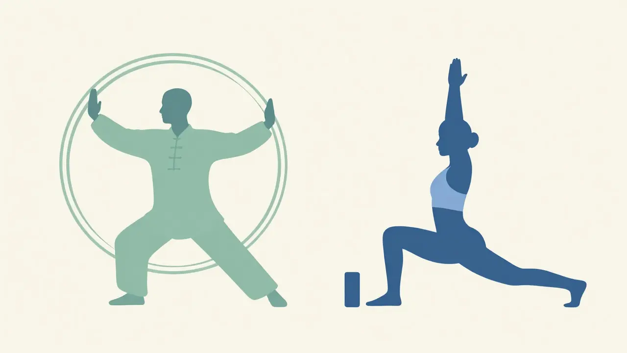 Simple graphic showing Tai Chi flow versus static Yoga poses