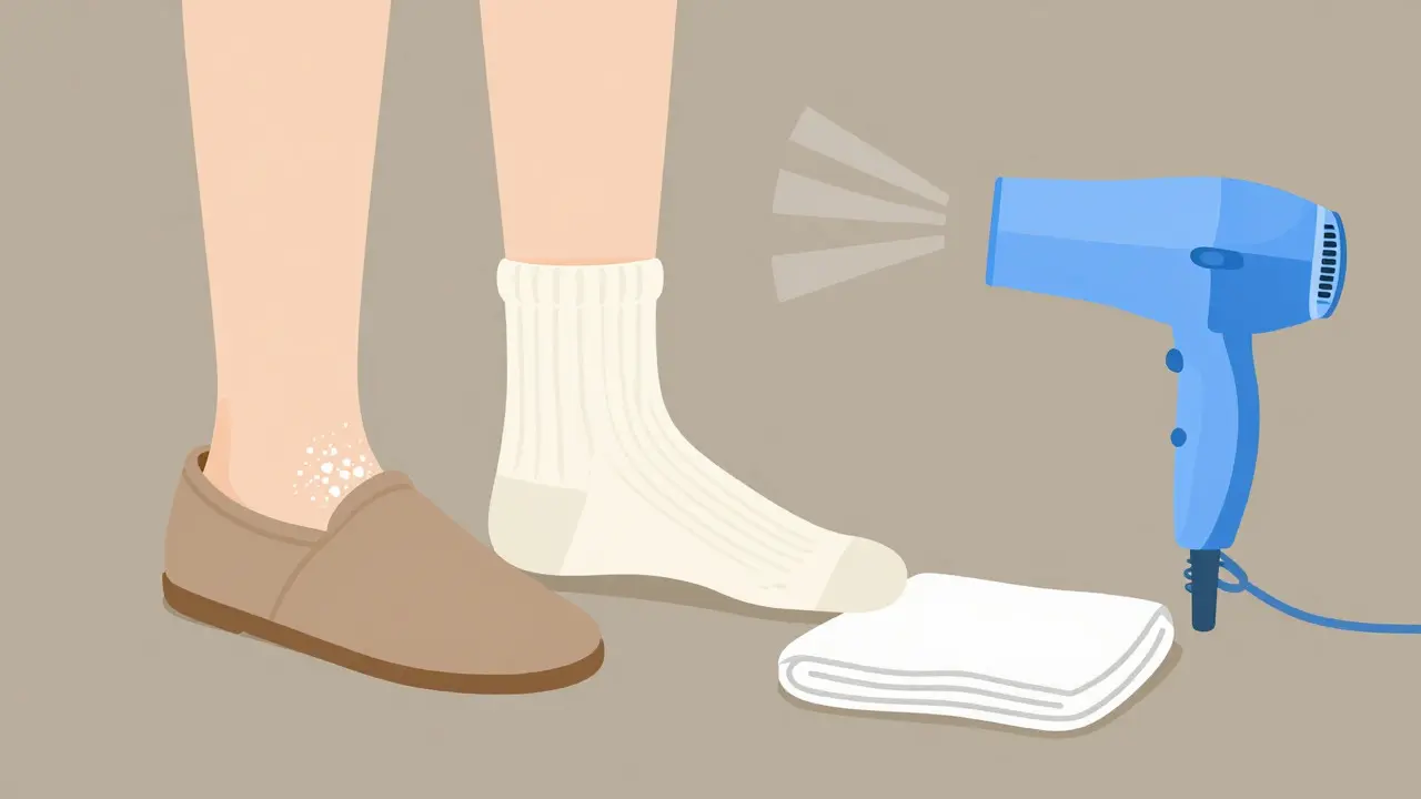 Simple illustration of foot hygiene and drying techniques for prevention