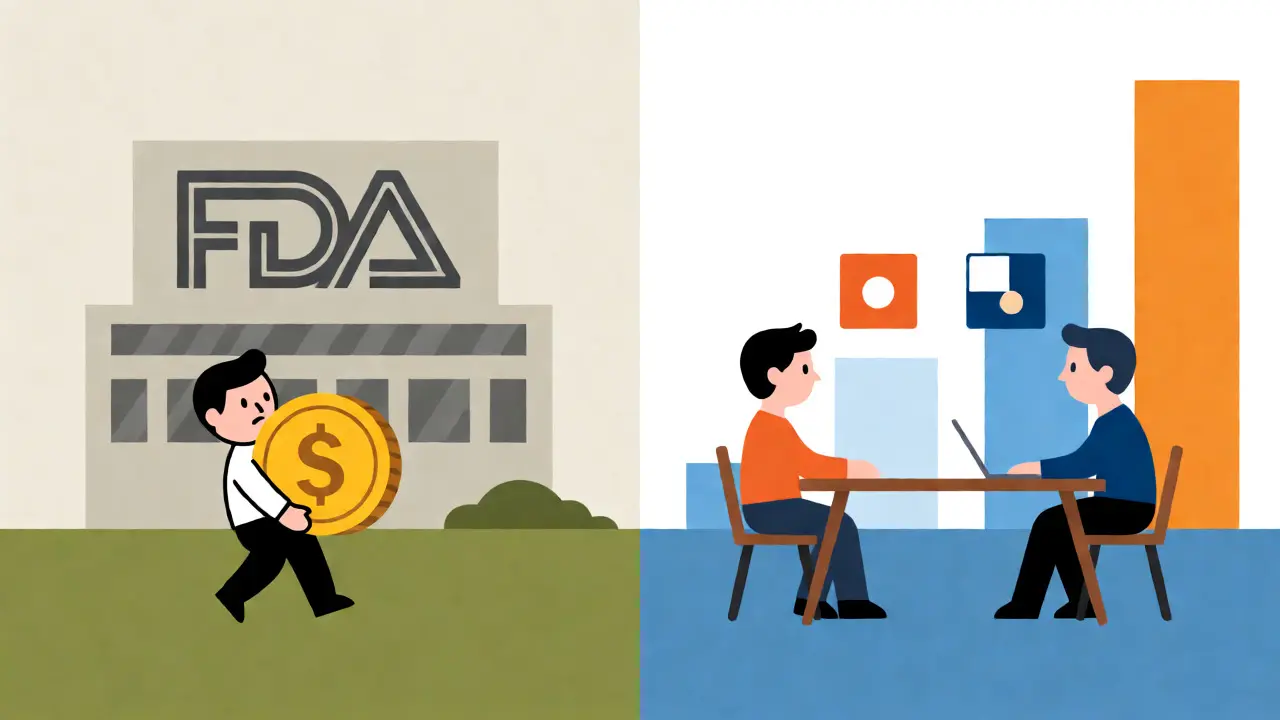 Split-screen minimalist art comparing past regulatory hurdles with modern collaborative FDA reviews.