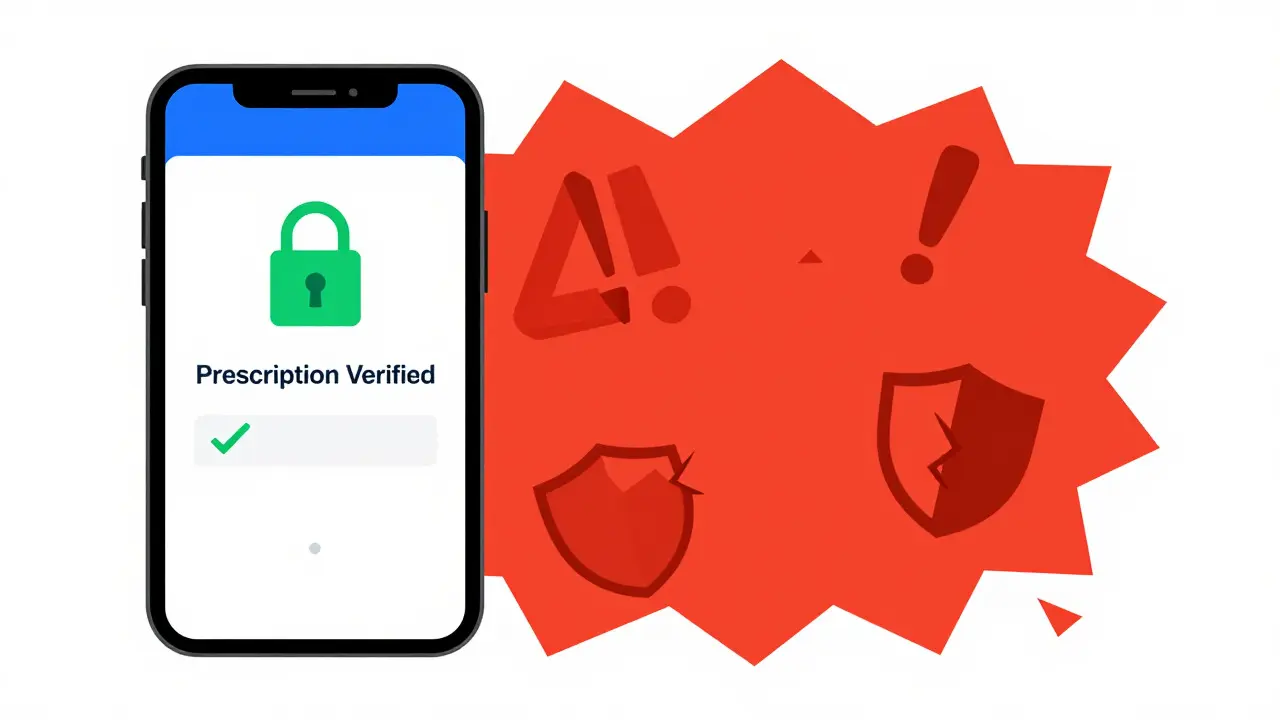 Split screen showing secure online pharmacy vs scam warnings