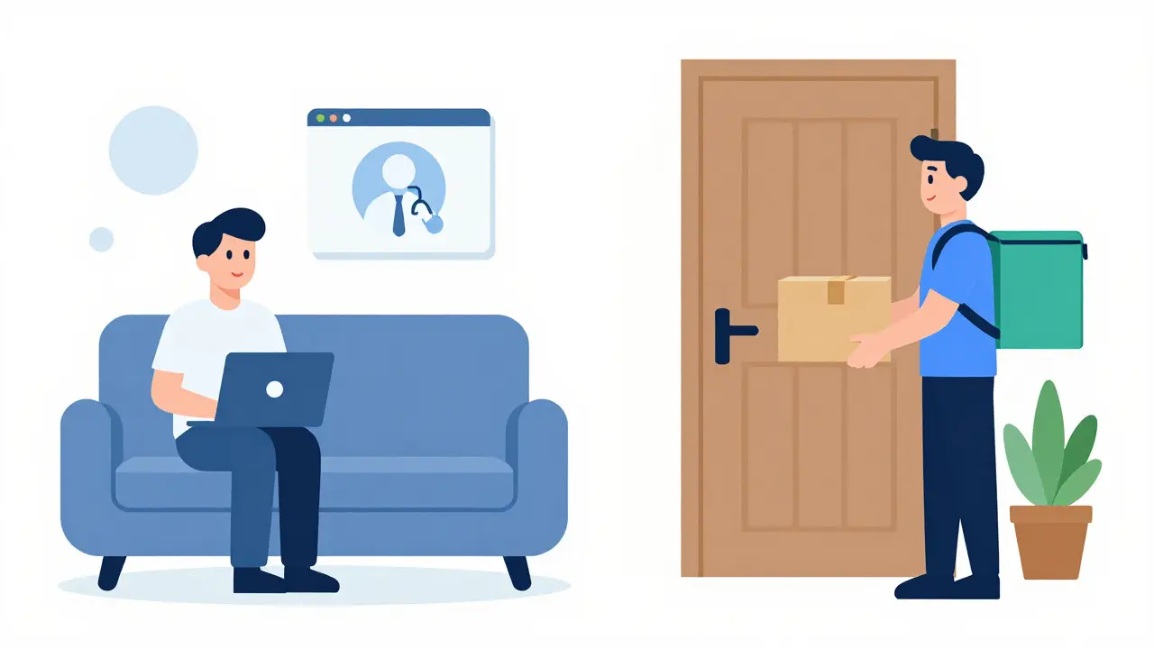 Split view of online consult and package delivery