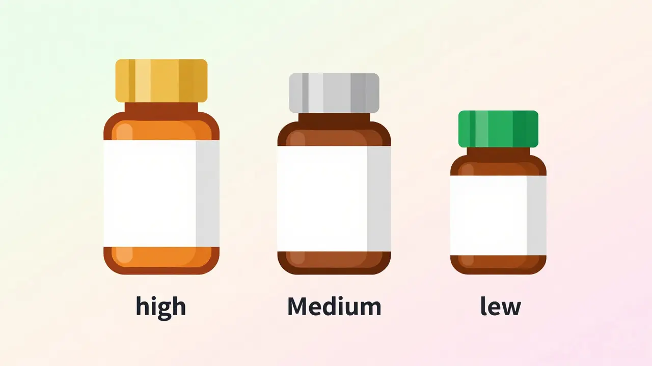 Three pill bottles representing brand, authorized generic, and traditional generic pricing.